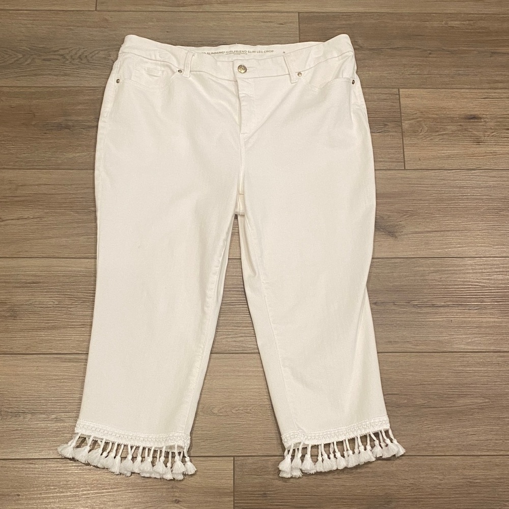 Chico's So Slimming Girlfriend Slim Leg Crop Jeans White Tassels 16 Petite